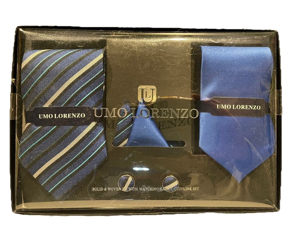 Umo Lorenzo Solid Woven Tie Set W/ Matching Hanky, Cuff Link Set - Blue